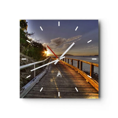 Reloj de pared - Reloj de vidrio - Un embarcadero de madera conduce hacia la puesta de sol sobre el agua. - 30x30cm - Camina, sigue caminando hacia el sol - Decoración de pared moderna para salón y dormitorio ARTTOR