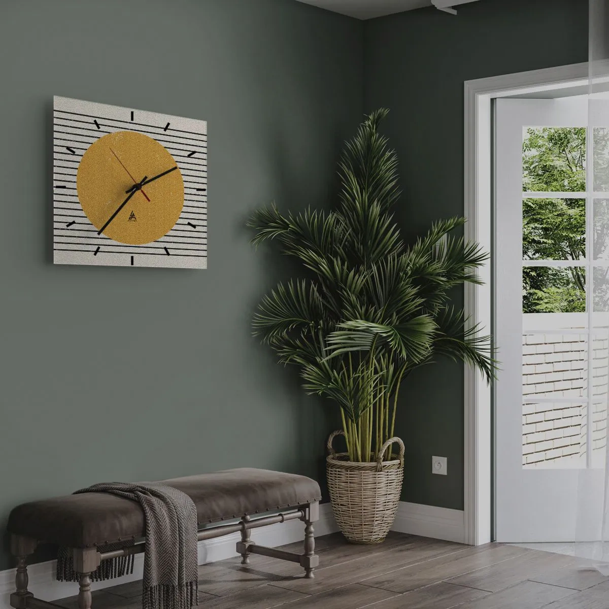 Reloj de pared - Reloj de vidrio - Un círculo amarillo sobre un fondo de líneas horizontales blancas y negras. - 30x30cm - El poder de la sencillez - Decoración de pared moderna para salón y dormitorio ARTTOR