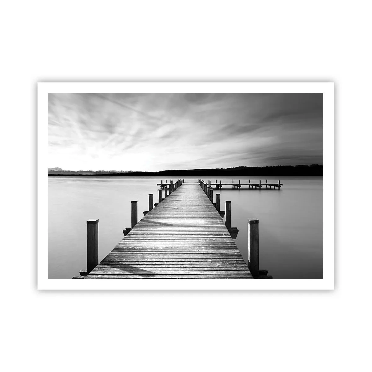 Póster - Un embarcadero blanco y negro en un lago tranquilo. - 100x70cm - En el lago de la paz - Decoración de pared moderna para salón y dormitorio ARTTOR