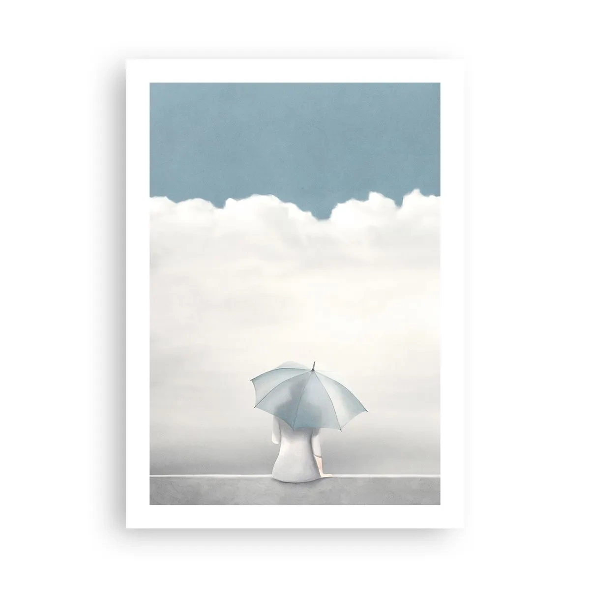 Póster - Una figura con un paraguas sentada en una cornisa entre las nubes. - 50x70cm - En el límite de la realidad y los sueños - Decoración de pared moderna para salón y dormitorio ARTTOR