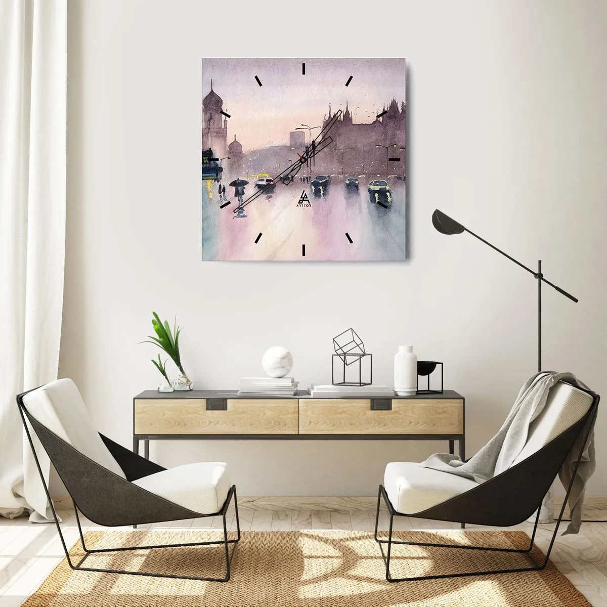 Reloj de pared - Reloj de vidrio - Una calle de la ciudad al anochecer en estilo acuarela. - 30x30cm - En una niebla lluviosa - Decoración de pared moderna para salón y dormitorio ARTTOR