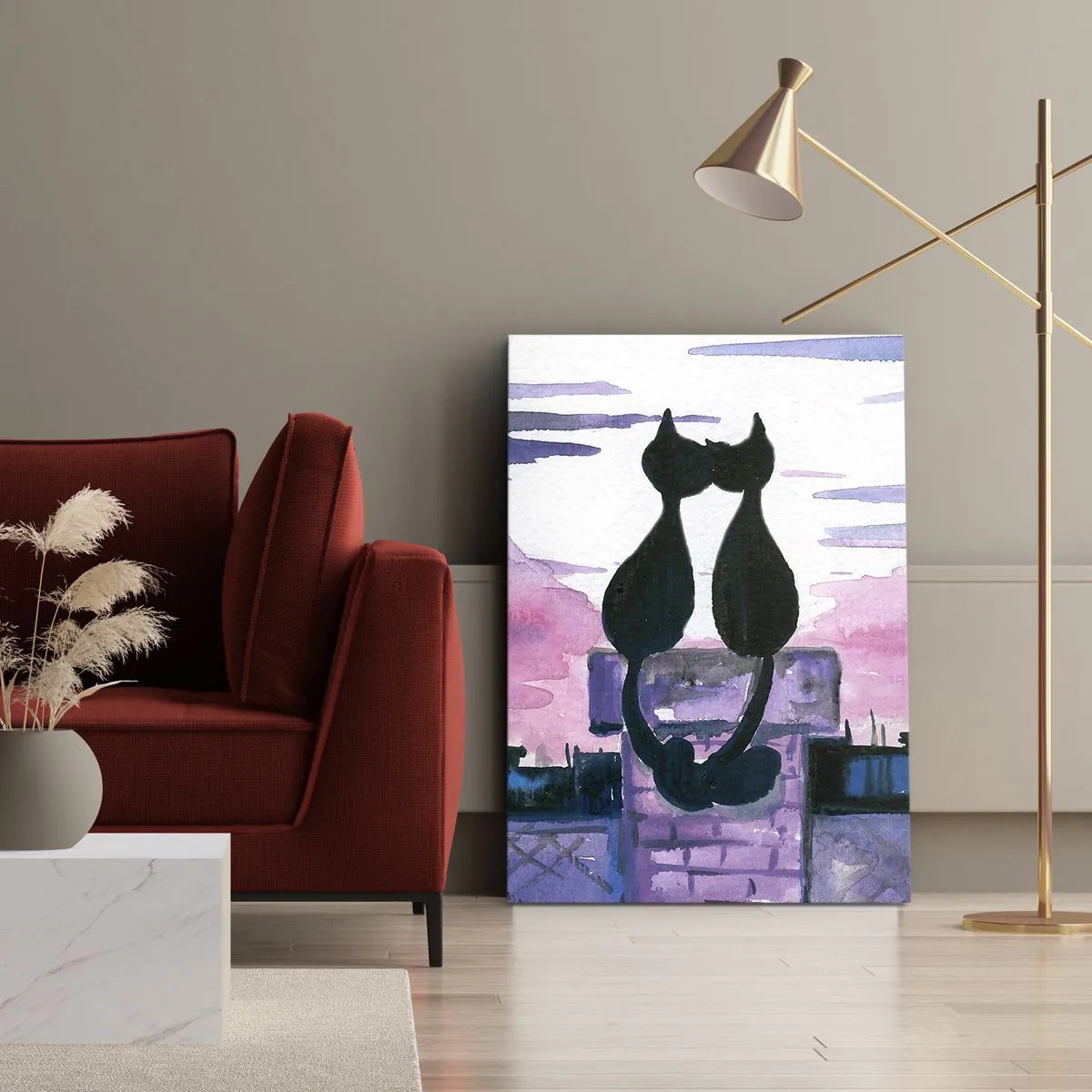 Cuadro sobre lienzo - Impresión de Imagen - Gatos negros en un tejado a la luz de la luna en un entorno de acuarela - 50x70cm - Cita bajo la luna - Decoración de pared moderna para salón y dormitorio ARTTOR