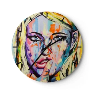 Reloj de pared - Reloj de vidrio - Retrato artístico de una mujer en colores coloridos. - 30x30cm - Mírala a los ojos - Decoración de pared moderna para salón, cocina y dormitorio ARTTOR