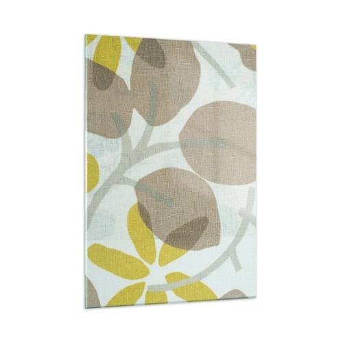 Cuadro sobre vidrio - Impresiones sobre Vidrio - Hojas y flores estilizadas en tonos beige y amarillos pastel. - 50x70cm - Composición a pleno sol - Decoración de pared moderna para salón y dormitorio ARTTOR