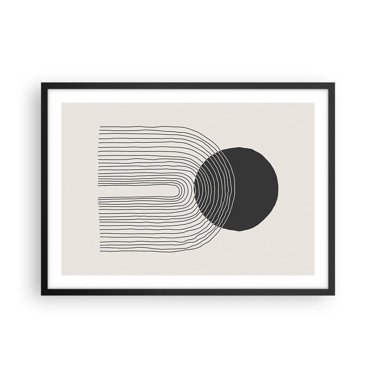 Póster en marco negro - Patrón abstracto con líneas y un círculo negro sobre un fondo claro - 70x50cm - Temblor y certeza - Decoración de pared moderna para salón y dormitorio ARTTOR