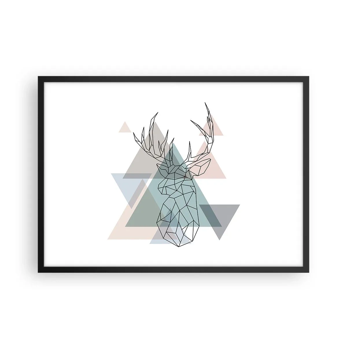 Póster en marco negro - Ciervo geométrico sobre un fondo de triángulos pastel. - 70x50cm - En un bosque geométrico - Decoración de pared moderna para salón y dormitorio ARTTOR
