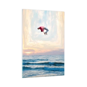 Cuadro sobre vidrio - Impresiones sobre Vidrio - Salto surrealista sobre el mar en el marco. - 80x120cm - A otra dimensión - Decoración de pared moderna para salón y dormitorio ARTTOR