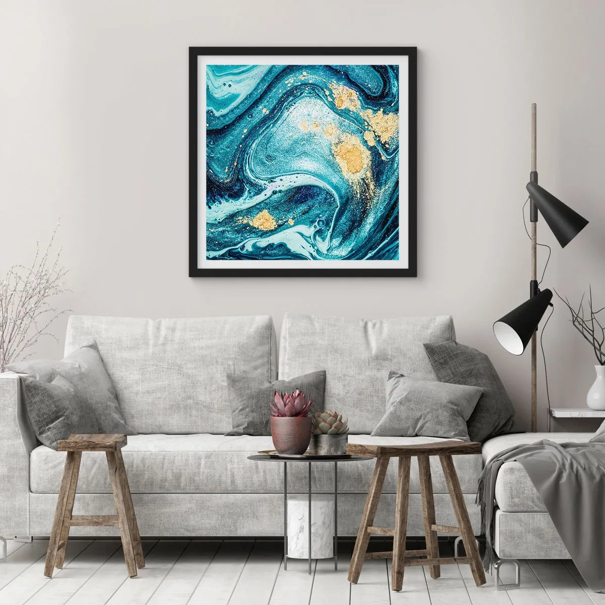 Póster en marco negro - Vórtice azul - 30x30 cm