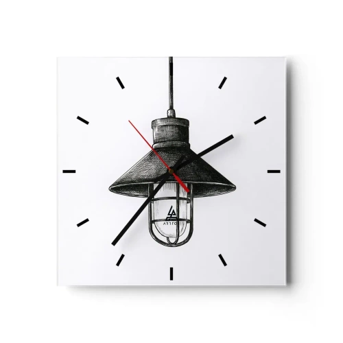 Reloj de pared - Reloj de vidrio - Dibujo de una lámpara colgante retro sobre fondo blanco. - 30x30cm - Como hace años... - Decoración de pared moderna para salón y dormitorio ARTTOR