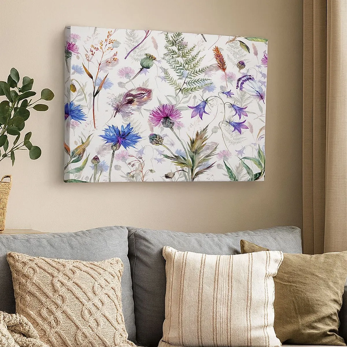 Cuadro sobre lienzo - Impresión de Imagen - Flores y hierbas de acuarela sobre un fondo blanco en estilo herbario. - 70x50cm - Herbario polaco - Decoración de pared moderna para salón y dormitorio ARTTOR