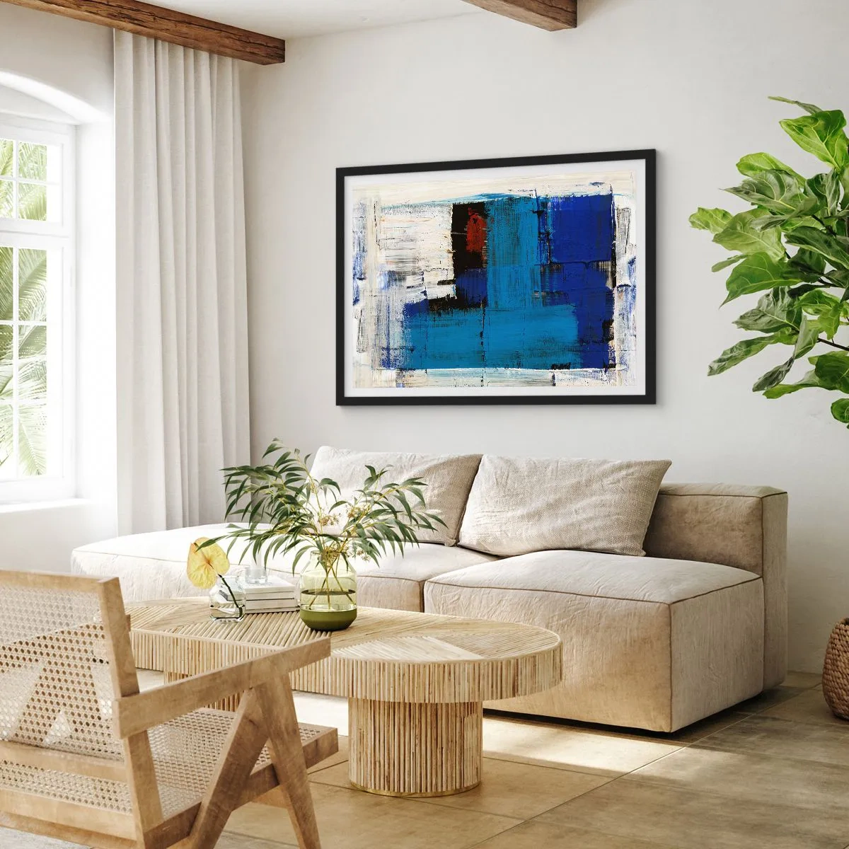Póster en marco negro - Composición abstracta en tonos azules y blancos. - 70x50cm - El secreto del azul - Decoración de pared moderna para salón y dormitorio ARTTOR