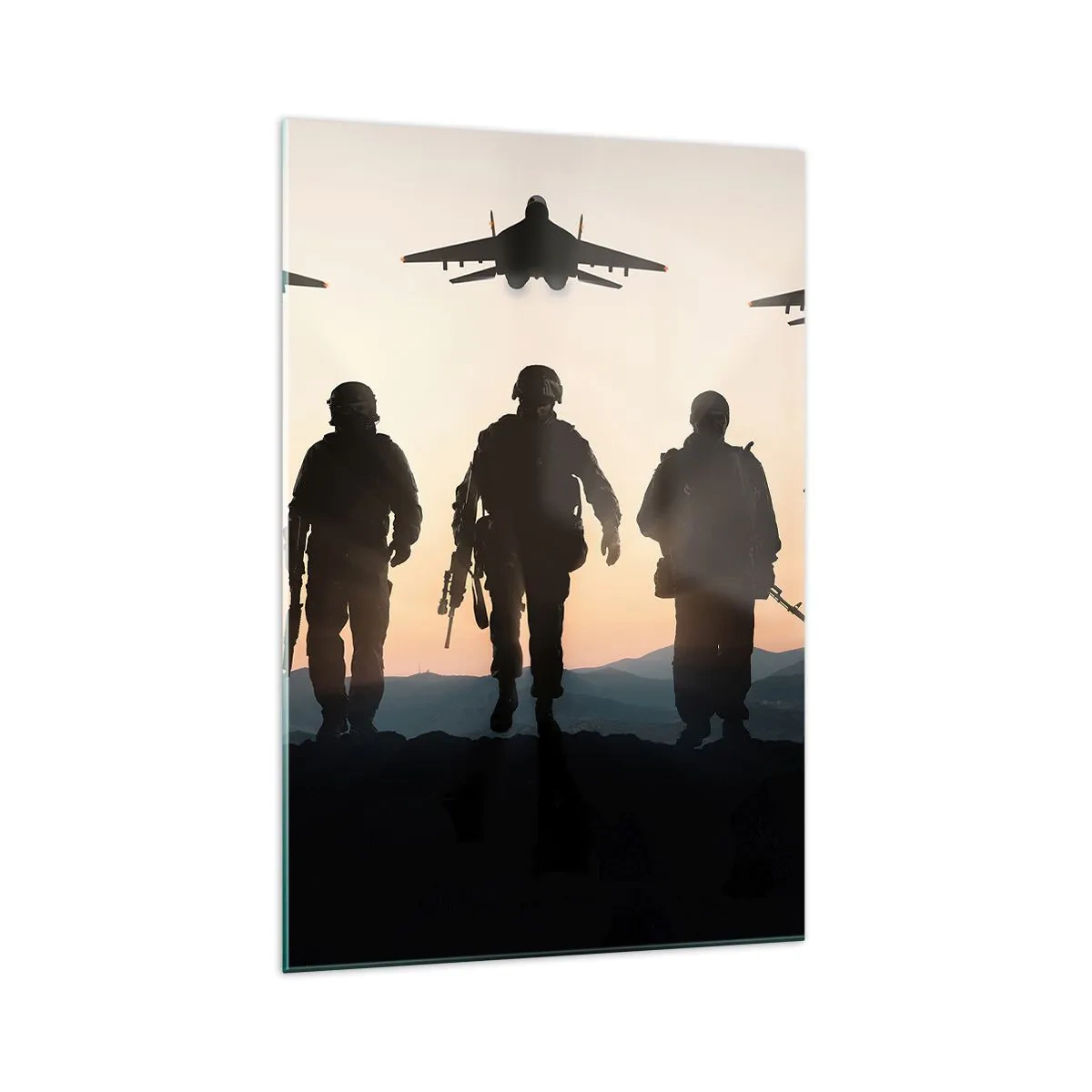 Cuadro sobre vidrio - Impresiones sobre Vidrio - Siluetas de soldados y aviones de combate contra el fondo del atardecer. - 70x100cm - Bienvenido a nuestro mundo - Decoración de pared moderna para salón y dormitorio ARTTOR
