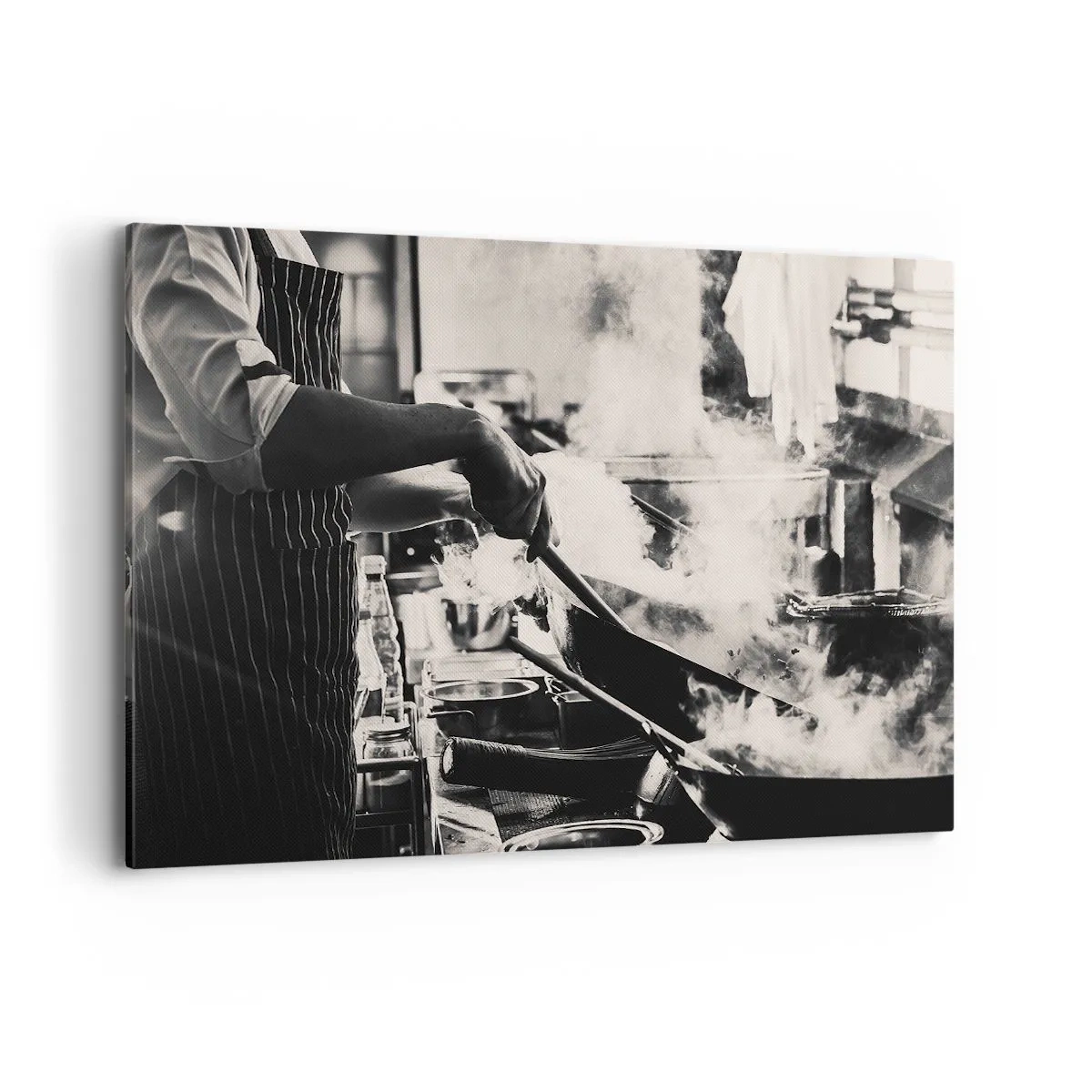 Cuadro sobre lienzo - Impresión de Imagen - Un chef trabajando en la cocina con vapor saliendo de una sartén. - 120x80cm - Alquimia de sabores - Decoración de pared moderna para salón y dormitorio ARTTOR