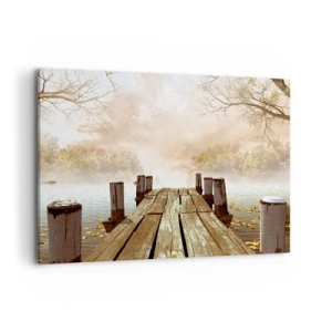 Cuadro sobre lienzo - Impresión de Imagen - Un muelle de madera que conduce a un lago tranquilo en la niebla de la mañana. - 100x70cm - La leve tristeza del otoño - Decoración de pared moderna para salón y dormitorio ARTTOR