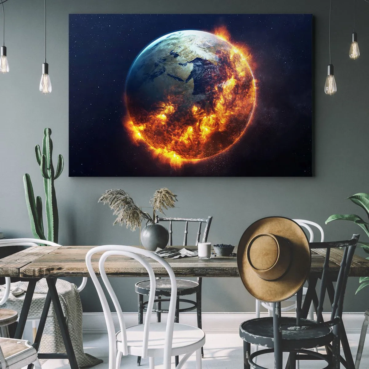 Cuadro sobre lienzo - Impresión de Imagen - El planeta Tierra en llamas en el espacio exterior - 120x80cm - La llama del apocalipsis - Decoración de pared moderna para salón y dormitorio ARTTOR
