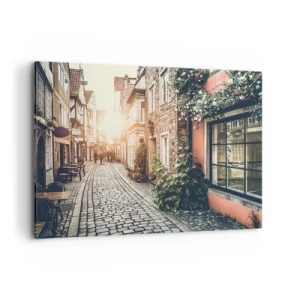 Cuadro sobre lienzo - Impresión de Imagen - Una encantadora calle con pavimento de piedra y flores. - 100x70cm - El callejón de las rosas - Decoración de pared moderna para salón y dormitorio ARTTOR
