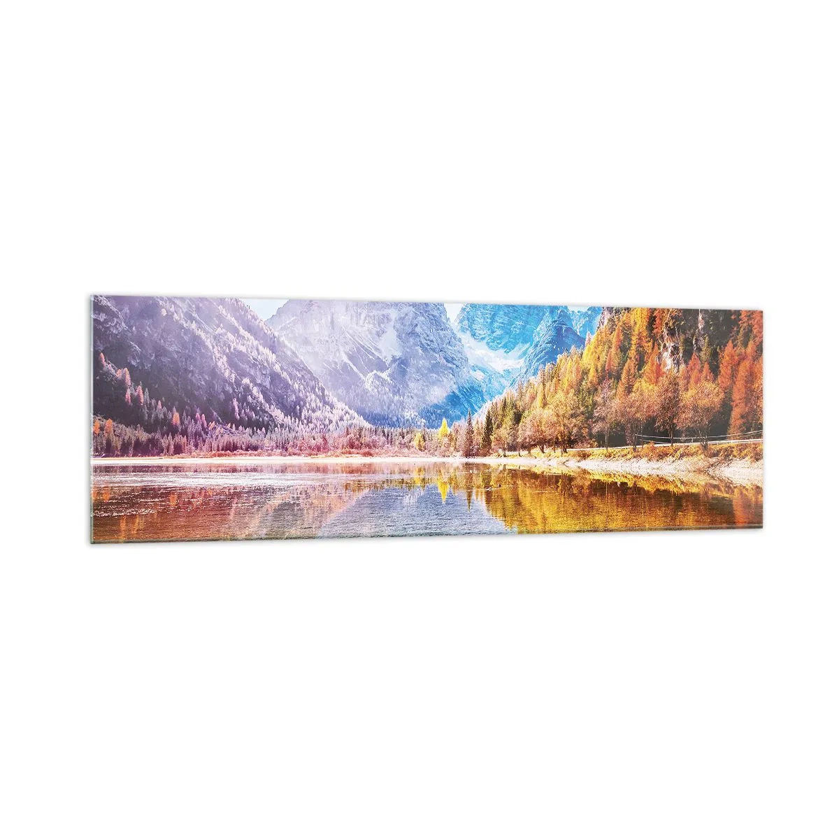 Cuadro sobre vidrio - Impresiones sobre Vidrio - Paisaje otoñal de montaña con un lago - 160x50cm - Ya es otoño en las montañas - Decoración de pared moderna para salón y dormitorio ARTTOR