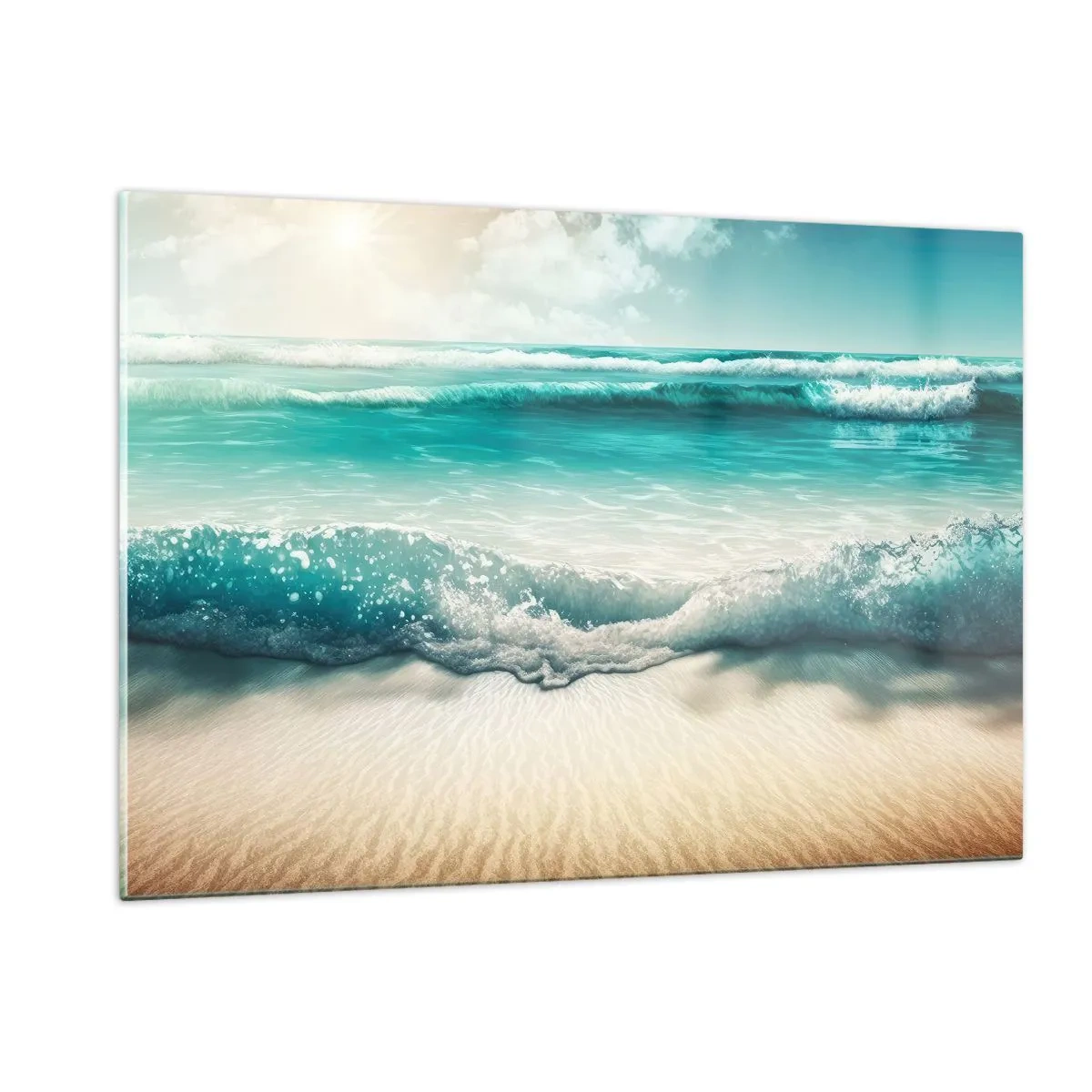 Cuadro sobre vidrio - Impresiones sobre Vidrio - Olas turquesas del océano golpeando una playa de arena - 120x80cm - Calma oceánica - Decoración de pared moderna para salón y dormitorio ARTTOR