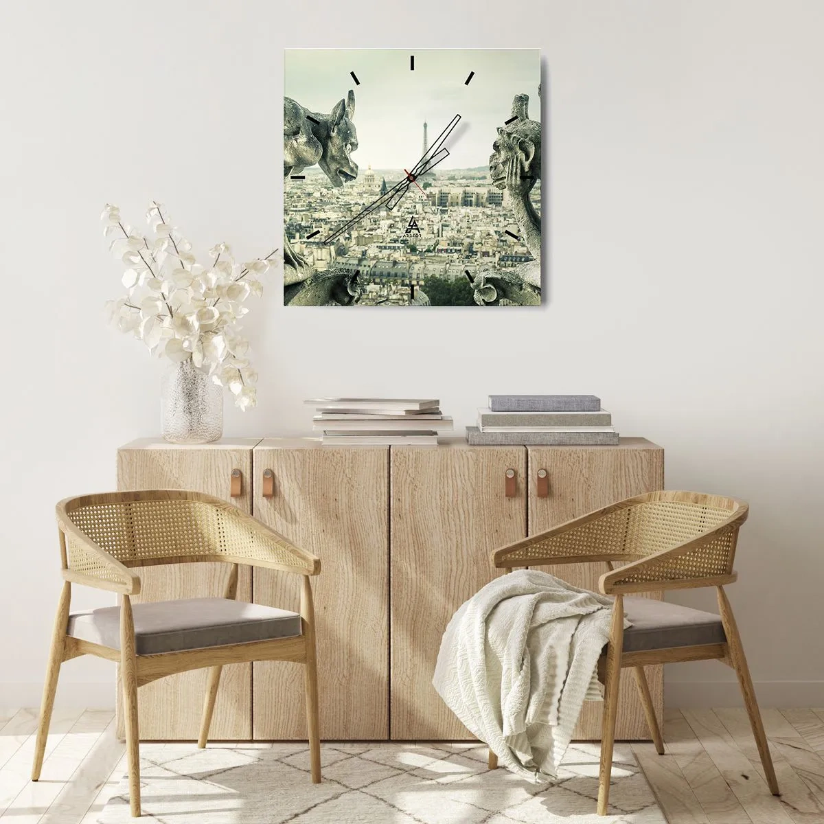 Reloj de pared - Reloj de vidrio - Gárgolas con vistas al horizonte de París y a la Torre Eiffel - 30x30cm - Charlas parisinas - Decoración de pared moderna para salón y dormitorio ARTTOR