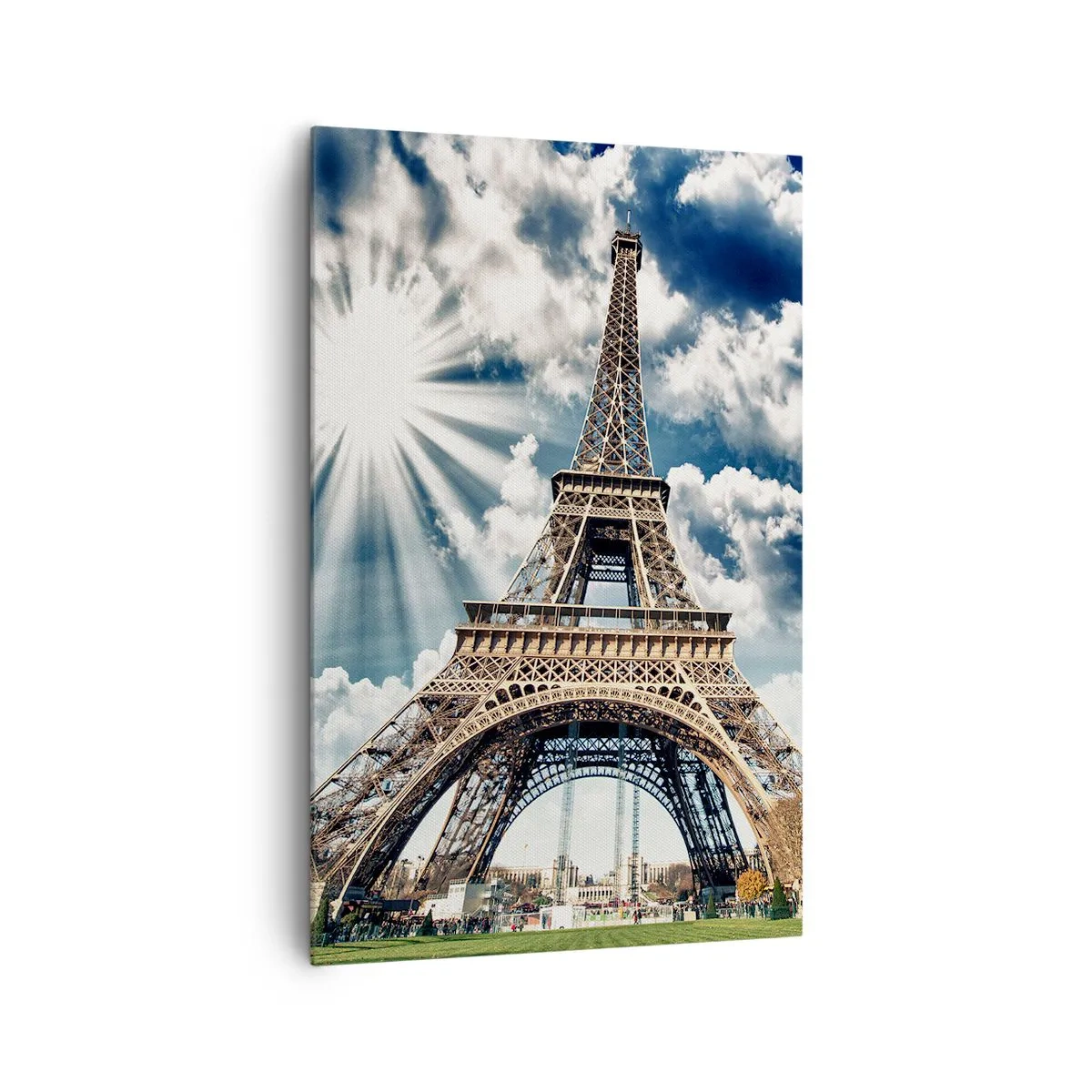 Cuadro sobre lienzo - Impresión de Imagen - La Torre Eiffel contra un cielo soleado con nubes. - 80x120cm - Única bajo el sol - Decoración de pared moderna para salón y dormitorio ARTTOR