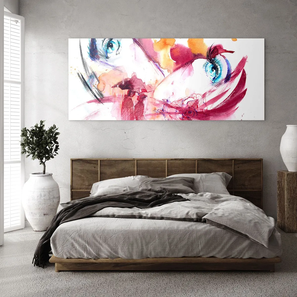 Cuadro sobre vidrio - Impresiones sobre Vidrio - Un rostro abstracto con ojos expresivos y acentos rojos. - 140x50cm - En la cercanía el mundo florece - Decoración de pared moderna para salón y dormitorio ARTTOR