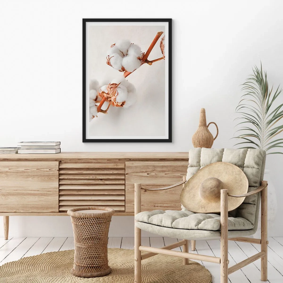 Póster en marco negro - Delicadas ramitas de algodón sobre un fondo claro. - 50x70cm - Un suave tacto - Decoración de pared moderna para salón y dormitorio ARTTOR