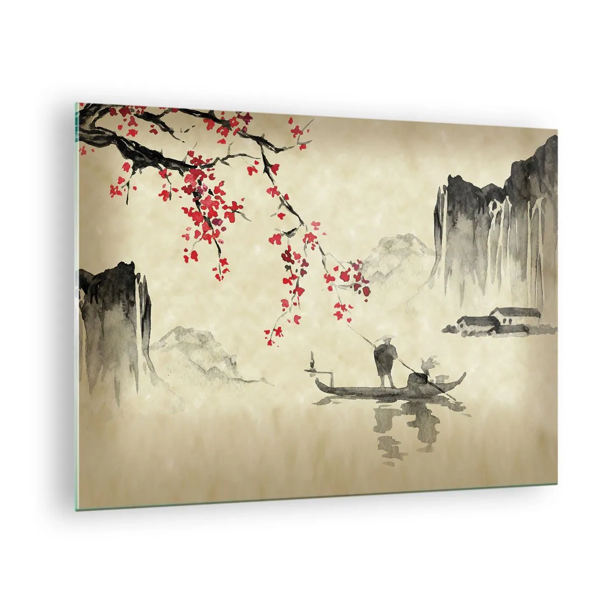 Cuadro sobre vidrio - Impresiones sobre Vidrio - Escena de pesca oriental con rama de flor de cerezo y montañas. - 70x50cm - En el país de los cerezos en flor - Decoración de pared moderna para salón y dormitorio ARTTOR