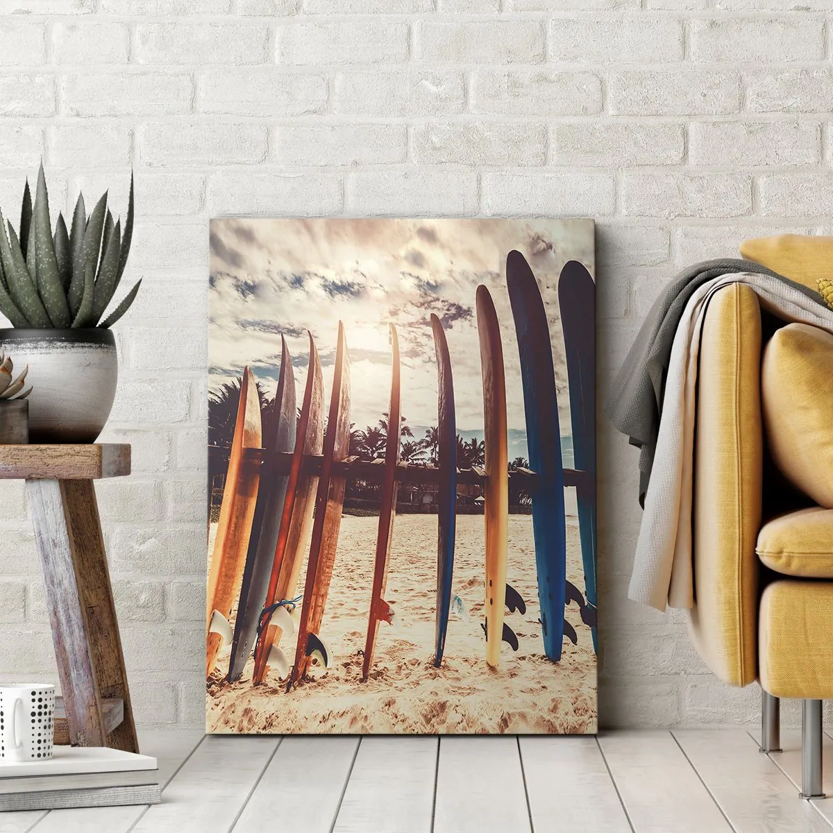 Cuadro sobre lienzo - Impresión de Imagen - Tablas de surf en la playa al atardecer - 80x120cm - Buenas noches, hasta mañana - Decoración de pared moderna para salón y dormitorio ARTTOR