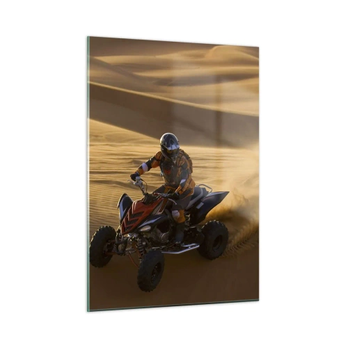 Cuadro sobre vidrio - Impresiones sobre Vidrio - ATV en acción en el desierto al atardecer - 50x70cm - Sobre las olas de la arena - Decoración de pared moderna para salón y dormitorio ARTTOR