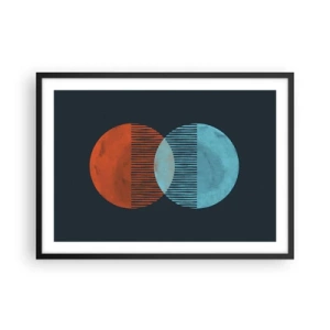 Póster en marco negro - Dos círculos naranjas y azules sobre un fondo oscuro. - 70x50cm - Fantasía astronómica - Decoración de pared moderna para salón y dormitorio ARTTOR