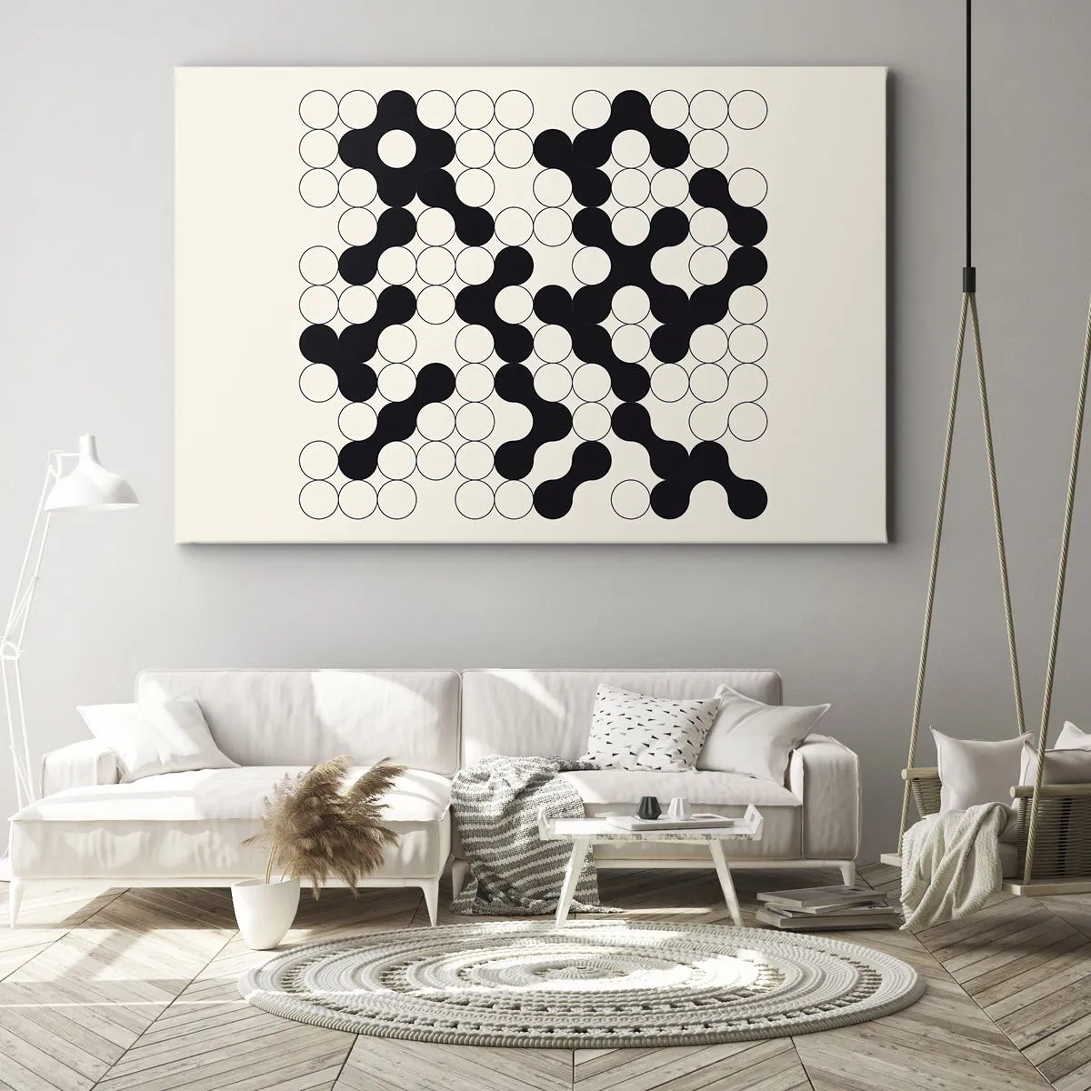 Cuadro sobre lienzo - Impresión de Imagen - Patrones en blanco y negro con círculos sobre un fondo claro. - 100x70cm - Juego chino - una variación - Decoración de pared moderna para salón y dormitorio ARTTOR