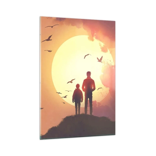 Cuadro sobre vidrio - Impresiones sobre Vidrio - Figuras con el sol poniente como telón de fondo - 80x120cm - Cara a cara con el sol - Decoración de pared moderna para salón y dormitorio ARTTOR