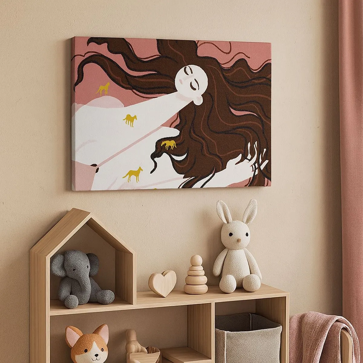 Cuadro sobre lienzo - Impresión de Imagen - Una figura con los ojos cerrados rodeada de caballos dorados. - 70x50cm - Sueño de caballos dorados - Decoración de pared moderna para salón y dormitorio ARTTOR