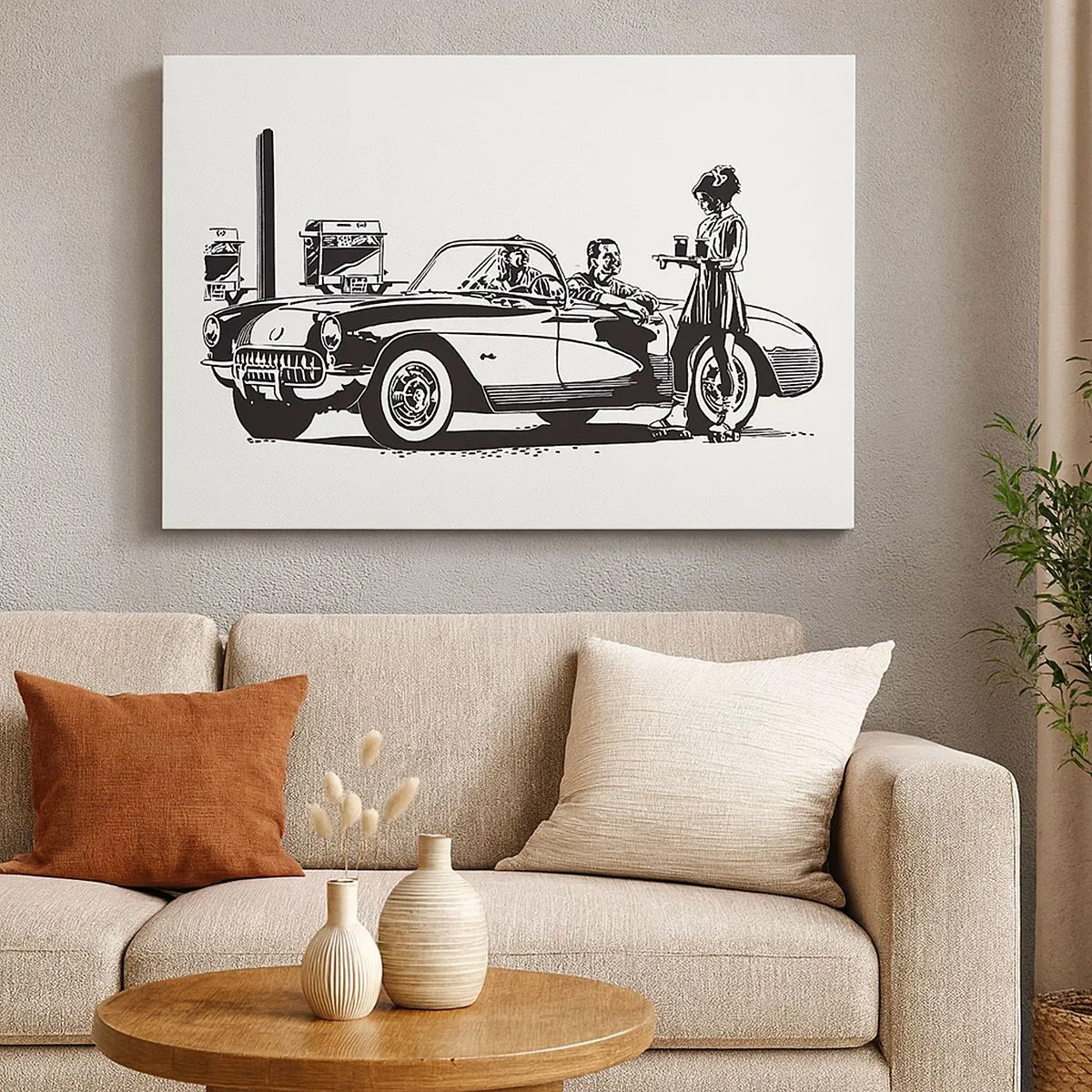 Cuadro sobre lienzo - Impresión de Imagen - Una escena retro en blanco y negro con un coche y una camarera en patines. - 70x50cm - Años 60 - la América despreocupada - Decoración de pared moderna para salón y dormitorio ARTTOR
