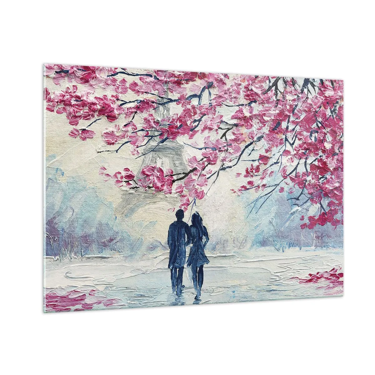 Cuadro sobre vidrio - Impresiones sobre Vidrio - Una pareja caminando bajo árboles en flor. - 100x70cm - Un paseo romántico - Decoración de pared moderna para salón y dormitorio ARTTOR