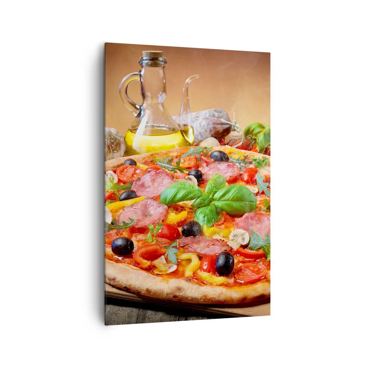 Cuadro sobre lienzo - Impresión de Imagen - Deliciosa pizza en una mesa de madera con ingredientes. - 80x120cm - Con un verdadero sabor italiano - Decoración de pared moderna para salón y dormitorio ARTTOR