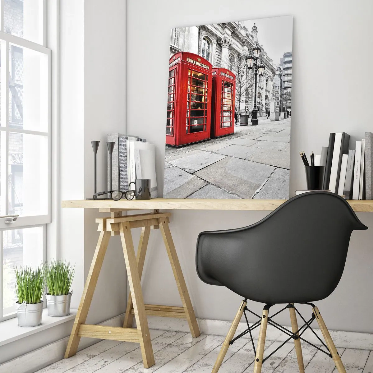 Cuadro sobre vidrio - Impresiones sobre Vidrio - Cabinas telefónicas rojas con el paisaje urbano como telón de fondo - 80x120cm - Bienvenido a Londres - Decoración de pared moderna para salón y dormitorio ARTTOR