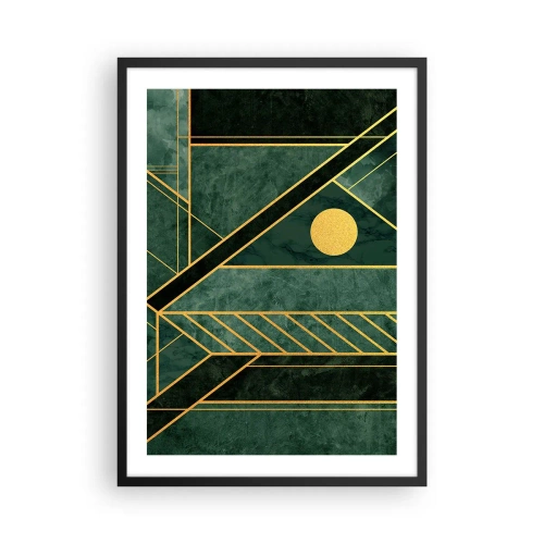 Póster en marco negro - Abstracción geométrica en verde con acentos dorados. - 50x70cm - La dinámica del oro y el azul - Decoración de pared moderna para salón y dormitorio ARTTOR