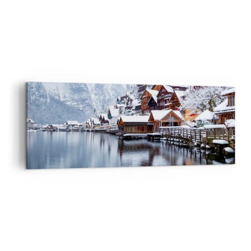 Cuadro sobre lienzo - Impresión de Imagen - Vista invernal de un pueblo de montaña junto al lago. - 140x50cm - En un decorado de invierno - Decoración de pared moderna para salón y dormitorio ARTTOR