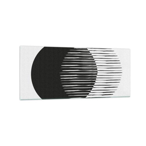 Cuadro sobre vidrio - Impresiones sobre Vidrio - Dos círculos superpuestos con líneas blancas y negras. - 120x50cm - Su alter ego - Decoración de pared moderna para salón y dormitorio ARTTOR