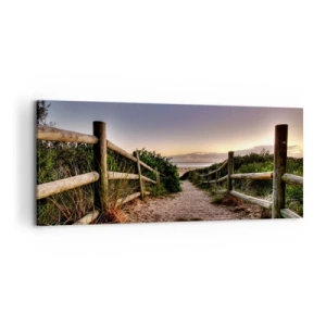 Cuadro sobre lienzo - Impresión de Imagen - Camino de madera en las dunas que conduce a la playa al atardecer - 120x50cm - Objetivo a la vista - Decoración de pared moderna para salón y dormitorio ARTTOR