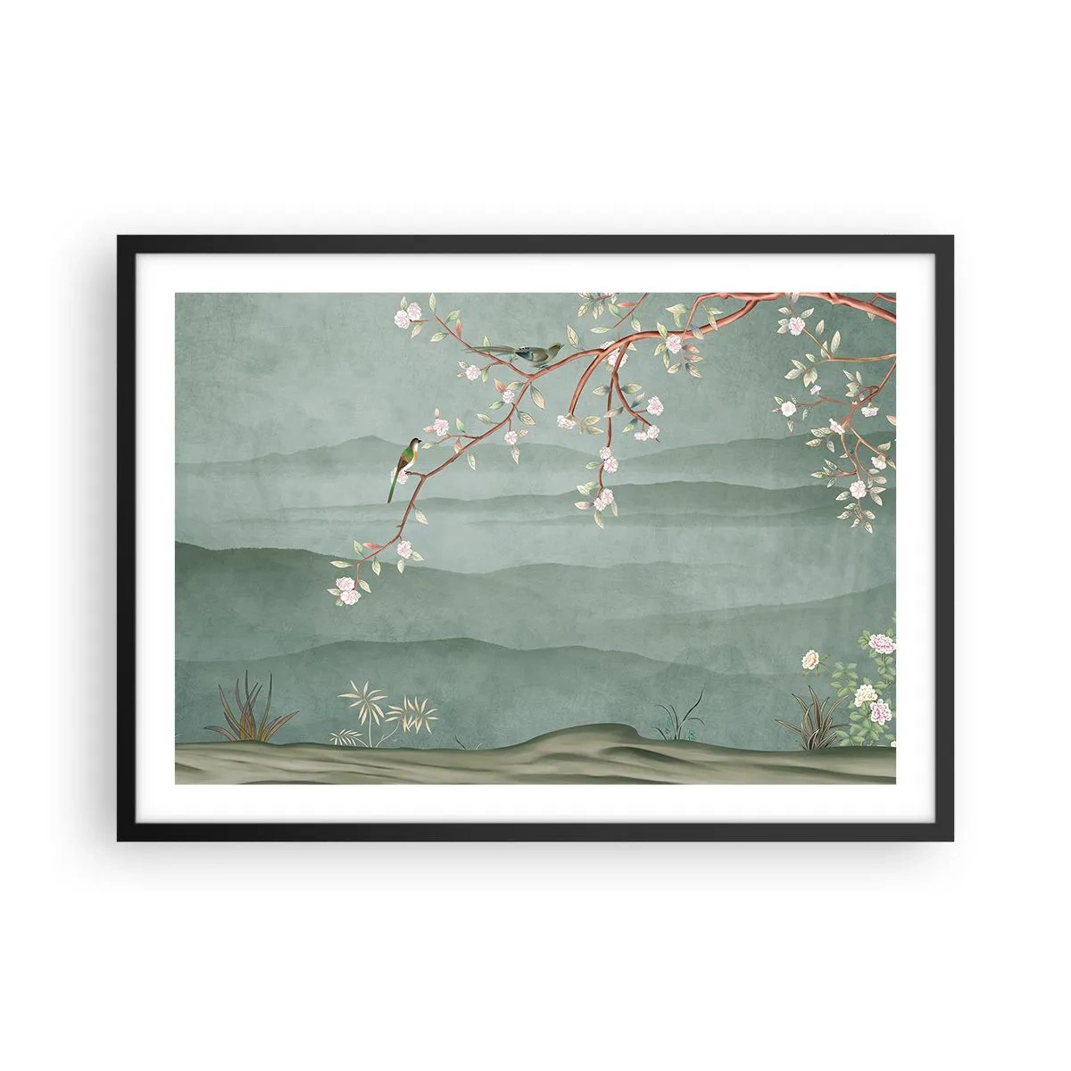 Póster en marco negro - Una imagen pintoresca de la rama de un árbol en flor con pájaros sobre un fondo de colinas verdes. - 70x50cm - Primavera, ah, eres tú - Decoración de pared moderna para salón y dormitorio ARTTOR
