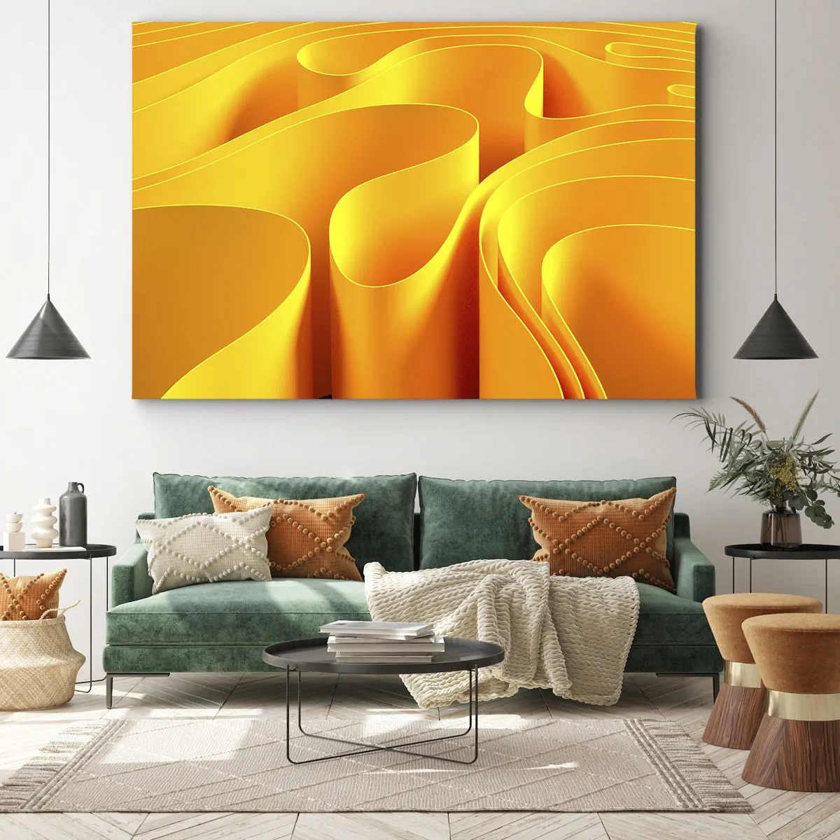 Cuadro sobre lienzo - Impresión de Imagen - Ondas abstractas amarillas que se asemejan a los rayos del sol - 70x50cm - Como las olas del sol - Decoración de pared moderna para salón y dormitorio ARTTOR