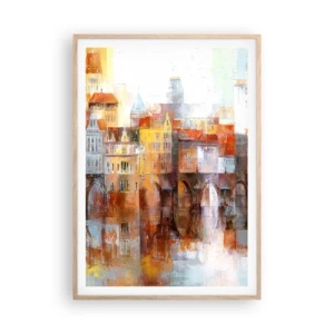 Póster en marco roble claro - Puente y ciudad - 70x100 cm