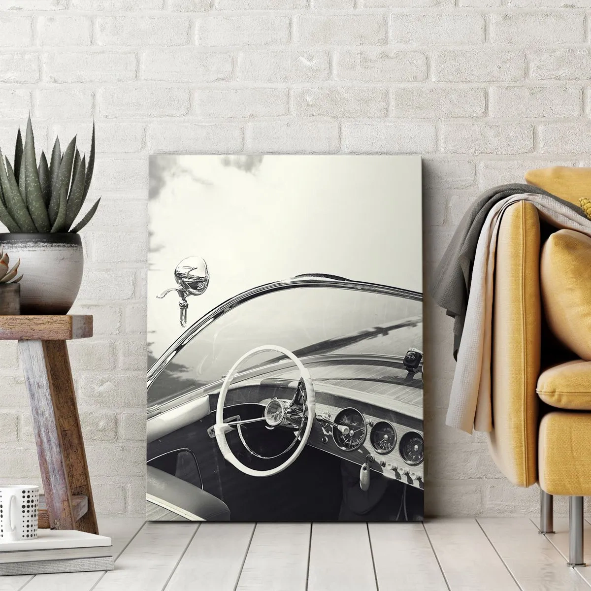 Cuadro sobre lienzo - Impresión de Imagen - Interior de coche clásico en estilo monocromático. - 50x70cm - Tiempo para los ricos - Decoración de pared moderna para salón y dormitorio ARTTOR