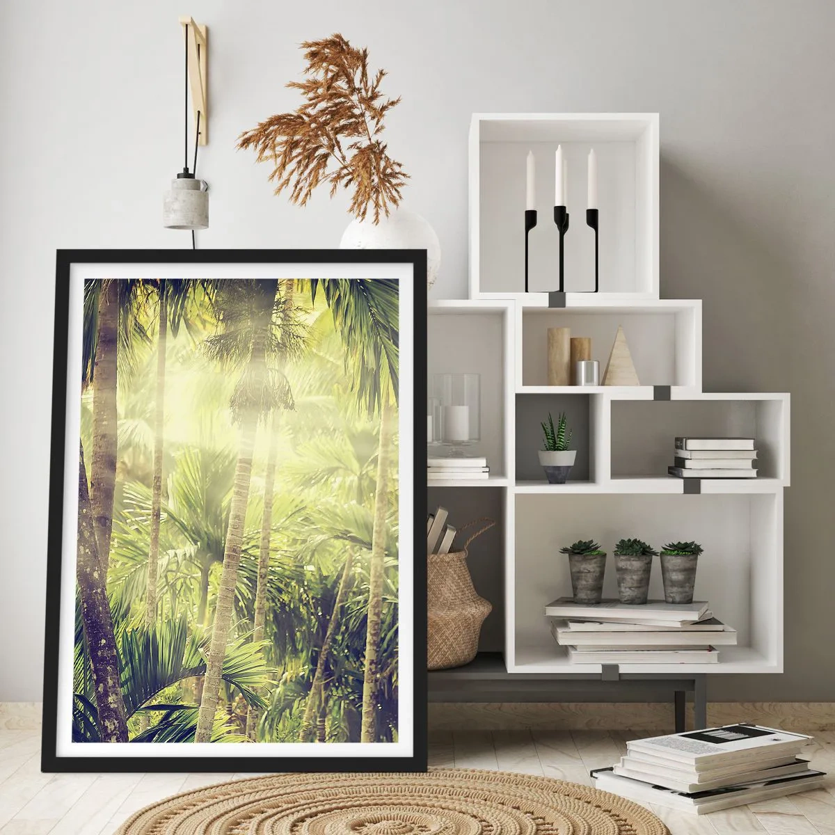 Póster en marco negro - Bosque tropical con rayos de sol al fondo - 50x70cm - En el cálido verde - Decoración de pared moderna para salón y dormitorio ARTTOR