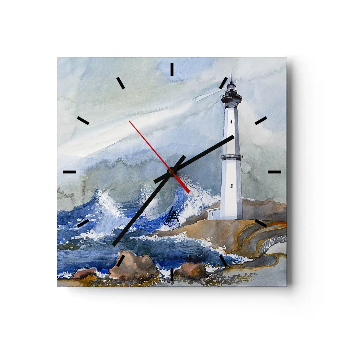 Reloj de pared - Reloj de vidrio - Un faro en una costa rocosa con mar agitado. - 30x30cm - Contra la oscuridad y la tormenta - Decoración de pared moderna para salón y dormitorio ARTTOR