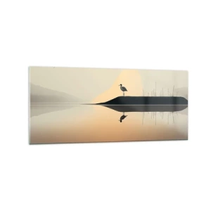 Cuadro sobre vidrio - Impresiones sobre Vidrio - Un pájaro en una isla en un lago tranquilo con tonos cálidos. - 120x50cm - Un caballero en el lago - Decoración de pared moderna para salón y dormitorio ARTTOR
