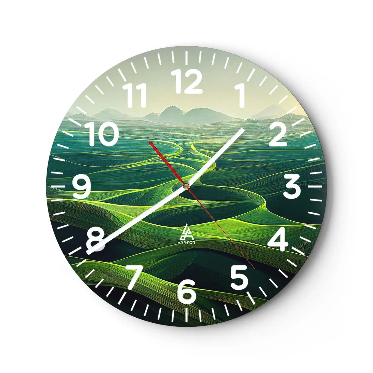 Reloj de pared - Reloj de vidrio - Valles en tonos verdes - 40x40 cm