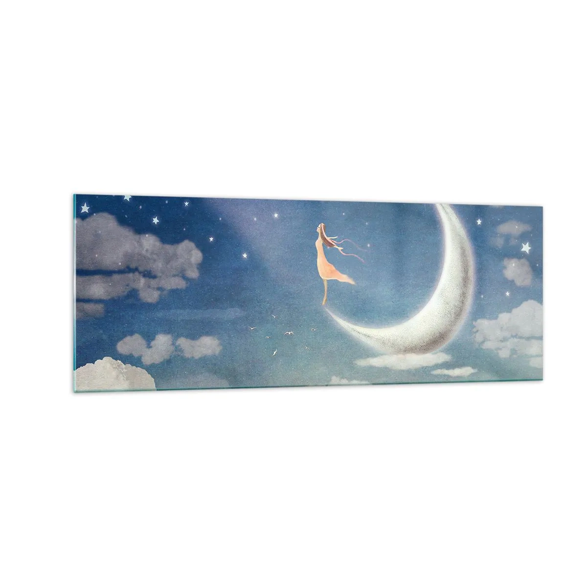 Cuadro sobre vidrio - Impresiones sobre Vidrio - Una mujer en la luna rodeada de estrellas y nubes. - 140x50cm - Pretendiente sobre azul - Decoración de pared moderna para salón y dormitorio ARTTOR